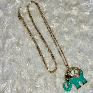 Embellished Elephant Pendant Gold Teal Green Long Chain Necklace